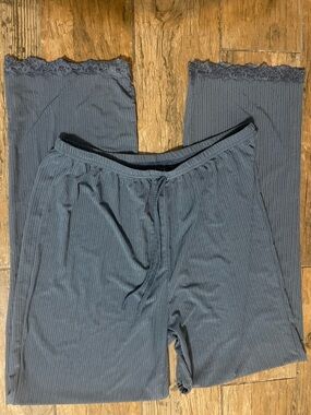 Ribbed Lounge Pajama Pants With Lace - Blue